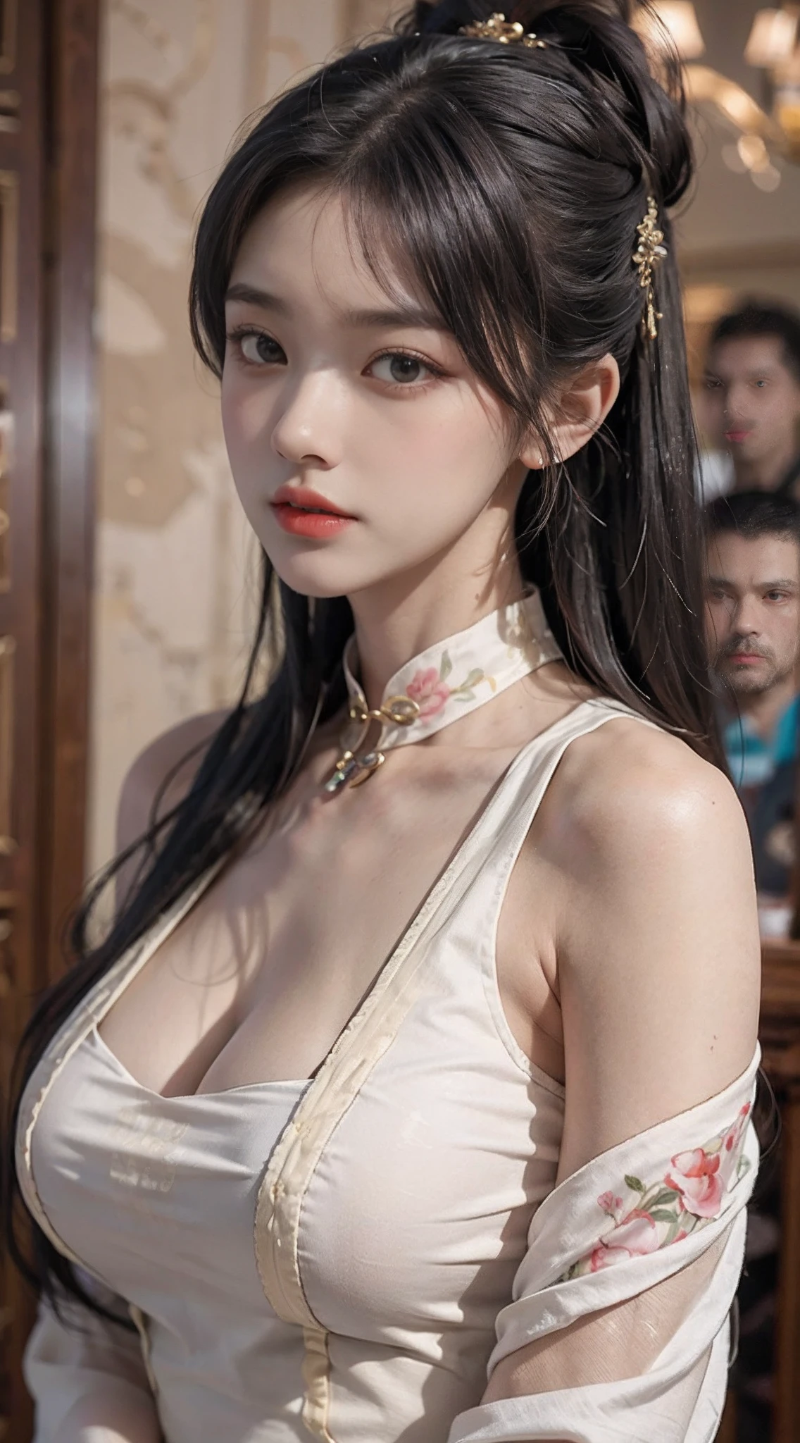 （From the outside） ， many color，Best quality at best，tmasterpiece，photograph of-realistic，Complicated details，RAW photogr，Court，Gorgeous cheongsam，Extra-long hair，cropped shoulders，delicated face，Expose cleavage，decorations，Perfect Finger，Dissection is correct，(Huge room，0.8)