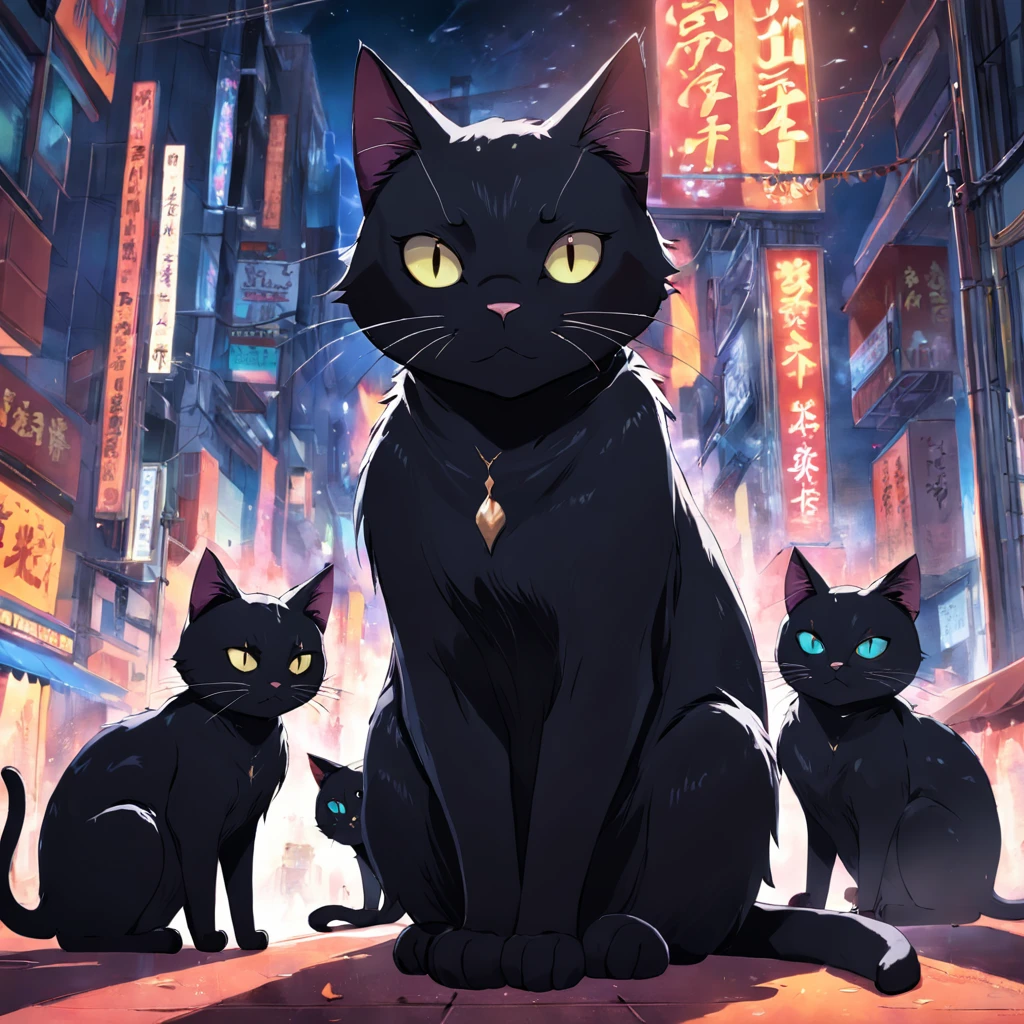 Gatos anime en una ciudad de noche con luces de neón. - SeaArt AI