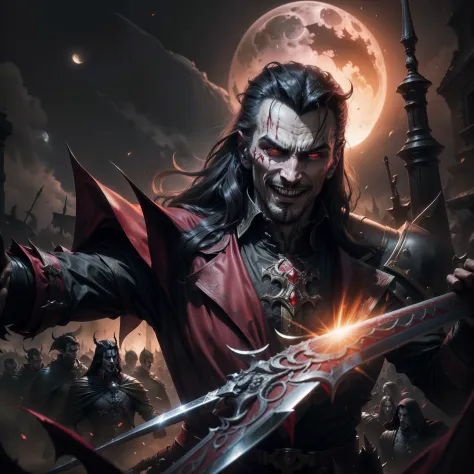 A realistic image of Dracula from the shadow lord Castlevania, in the middle of a battlefield with several fallen soldiers bleed...