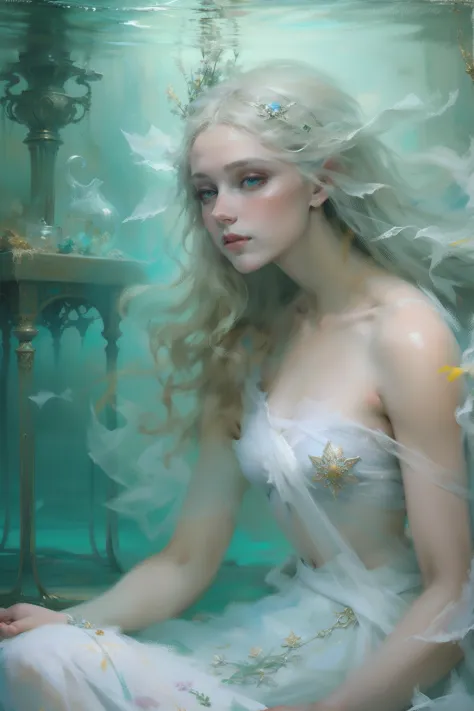 Oil paints，acrycle painting，tmasterpiece，Renaissance style，best qualtiy，Underwater glass palace，1 beautiful girl dressed in white，fabulous，، simple，pastel colour，Reinhart Miekel，ethereal fairytale, Ethereal beauty, monia merlo, style of karol bak, miss ani...