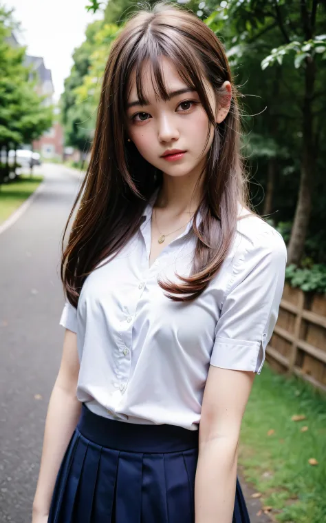 background outdoors,  supplement　Silk blouse, Skirt, Back Window,     Delete close-up，
((The highest image quality, 8K, masutepiece:1.3)), Soft light, 1girl in, beautiful a girl、16 years old, Cute:1.3, Brown hair, (casual hairstyle, :1.2), Ultra-fine face,...