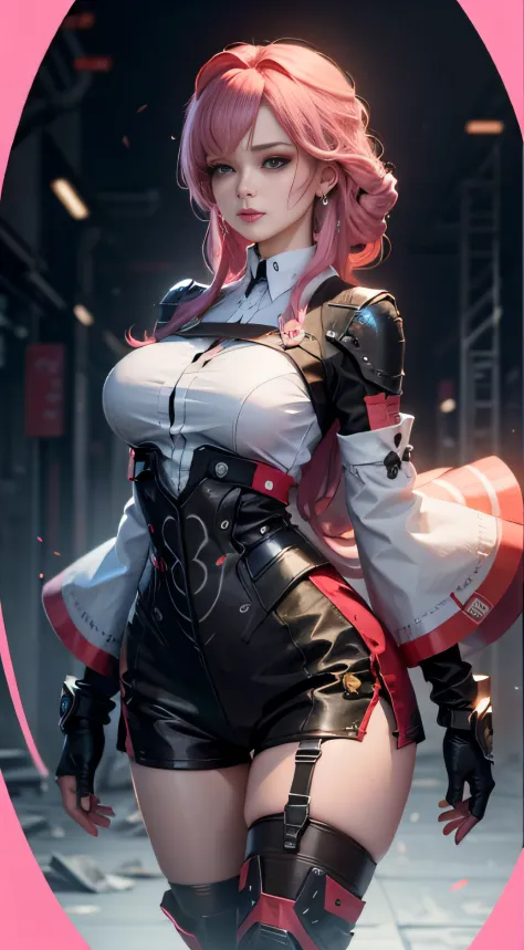 Beautiful woman，1个Giant Breast Girl，Pink haired woman，Fighting posture，black pantyhoses，black glove，Mobile Warframe，jewely，shorter pants，J thighs。Pink hair，drill bit，Asymmetrical hair，golden armour