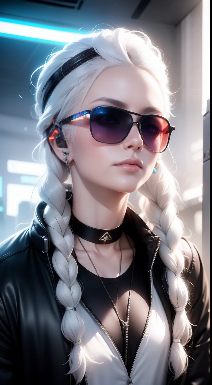 White clothes, White skin, White hair, Long braids, Cyberpunk, Golden eyes, （Wearing sunglasses）（Wearing headphones）Looking up, Upper body