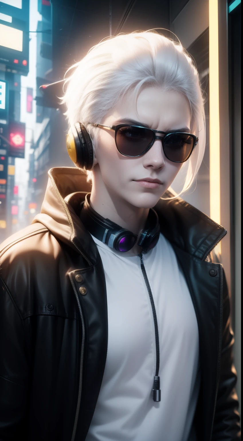 Pale yellow clothes, White skin, White hair,Cyberpunk, Golden eyes, （Wearing sunglasses）（Wearing headphones）Looking up, Upper body