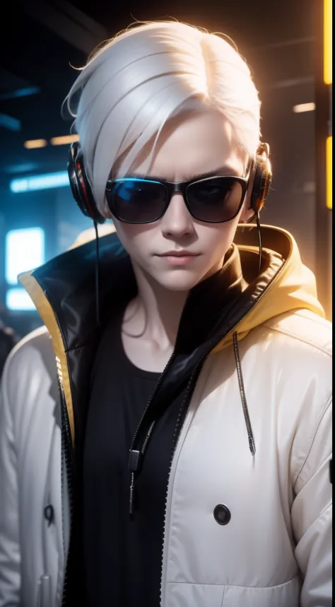 pale yellow clothes, white skin, white hair,cyberpunk, golden eyes, （wearing sunglasses）（wearing headphones）looking up, upper bo...