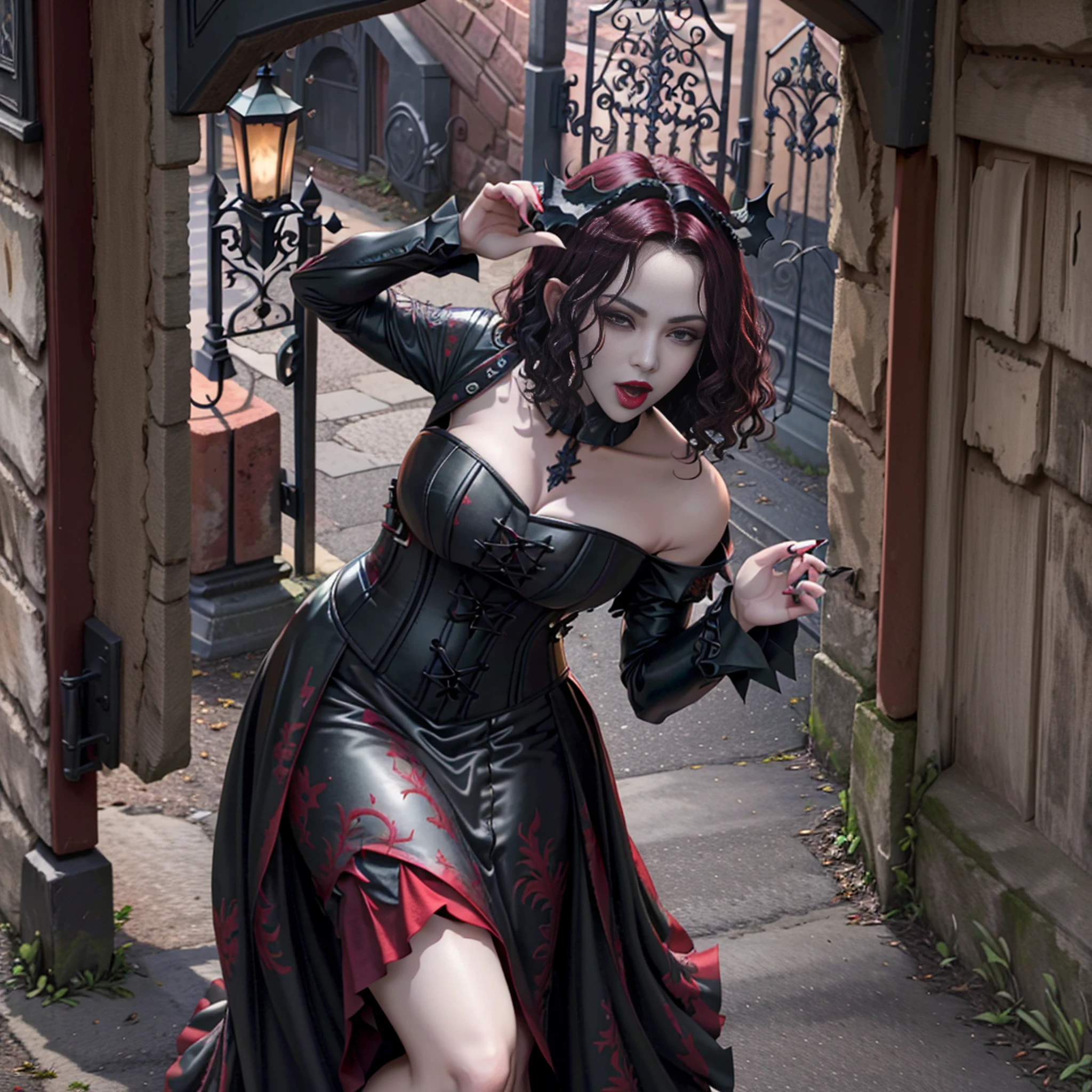 master part, extremely high quality, HD 8k, 1 vampire, spooky ambiance, lo gothic, gaping mouth, vampire's teeth, bare fangs, blood red lips, mouth bleeding, tongue licking greedily, (natta :1.8), long burgundy hair, strange expression, elf ears, Black lace dress, sexly, vampyre, (graveyard :0.8), (Exquisite iron gate in European style :1.4), full of thorns and roses, Under the Red Moon, tails, ..bat, bloodstains
