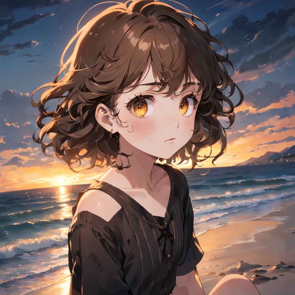 16 years old girl with short and medium brown hair with curly earrings golden pupils black ripped blouse culottes seaside sunset