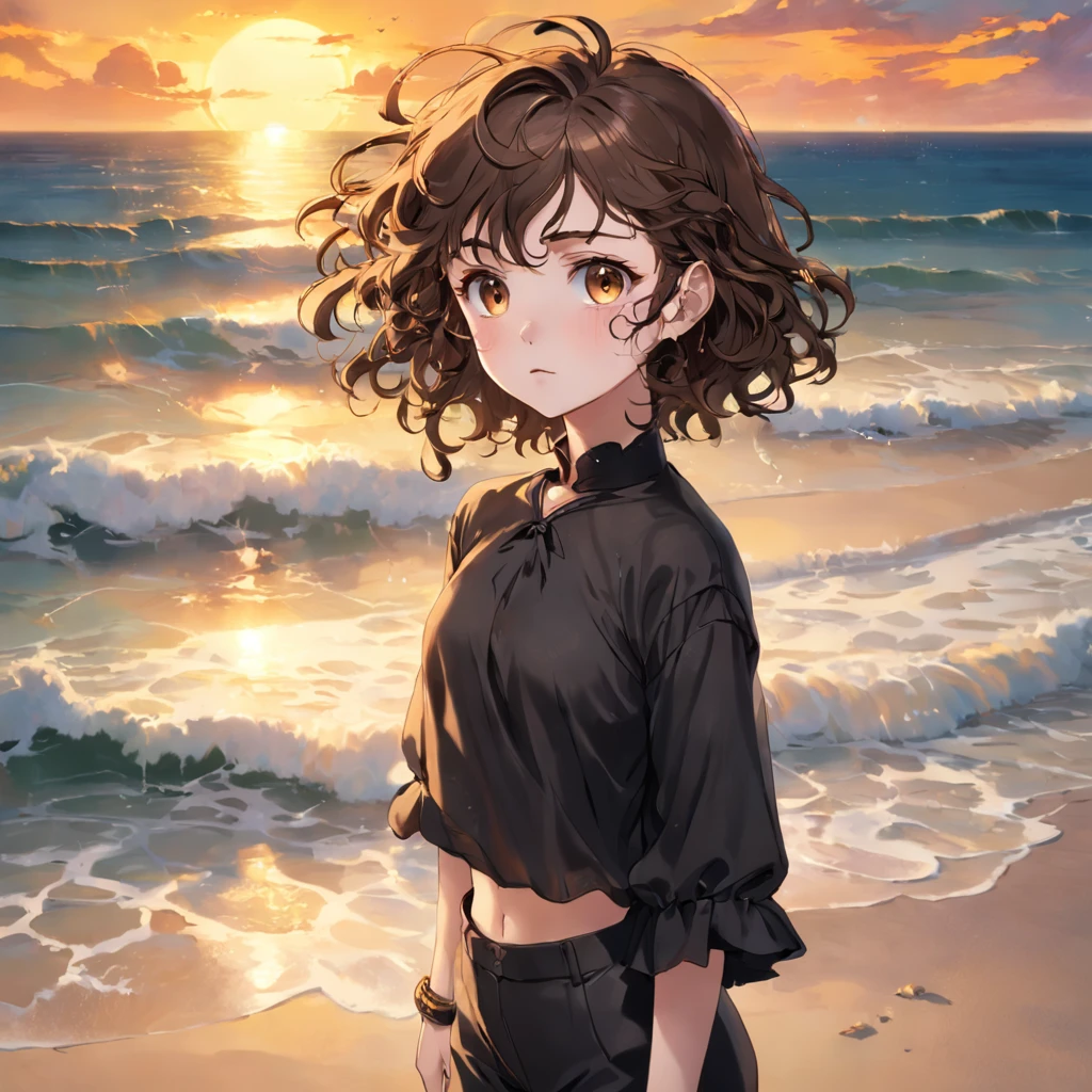 16 years old girl with short and medium brown hair with curly earrings golden pupils black ripped blouse culottes seaside sunset