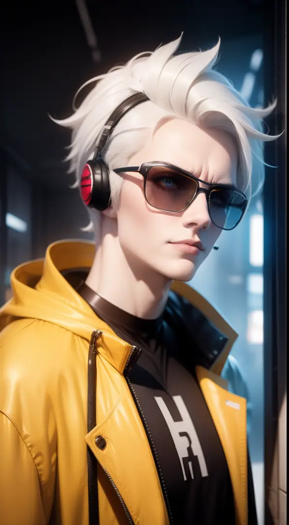 pale yellow clothes, white skin, white hair,cyberpunk, golden eyes, （wearing sunglasses）（wearing headphones）looking up, upper bo...