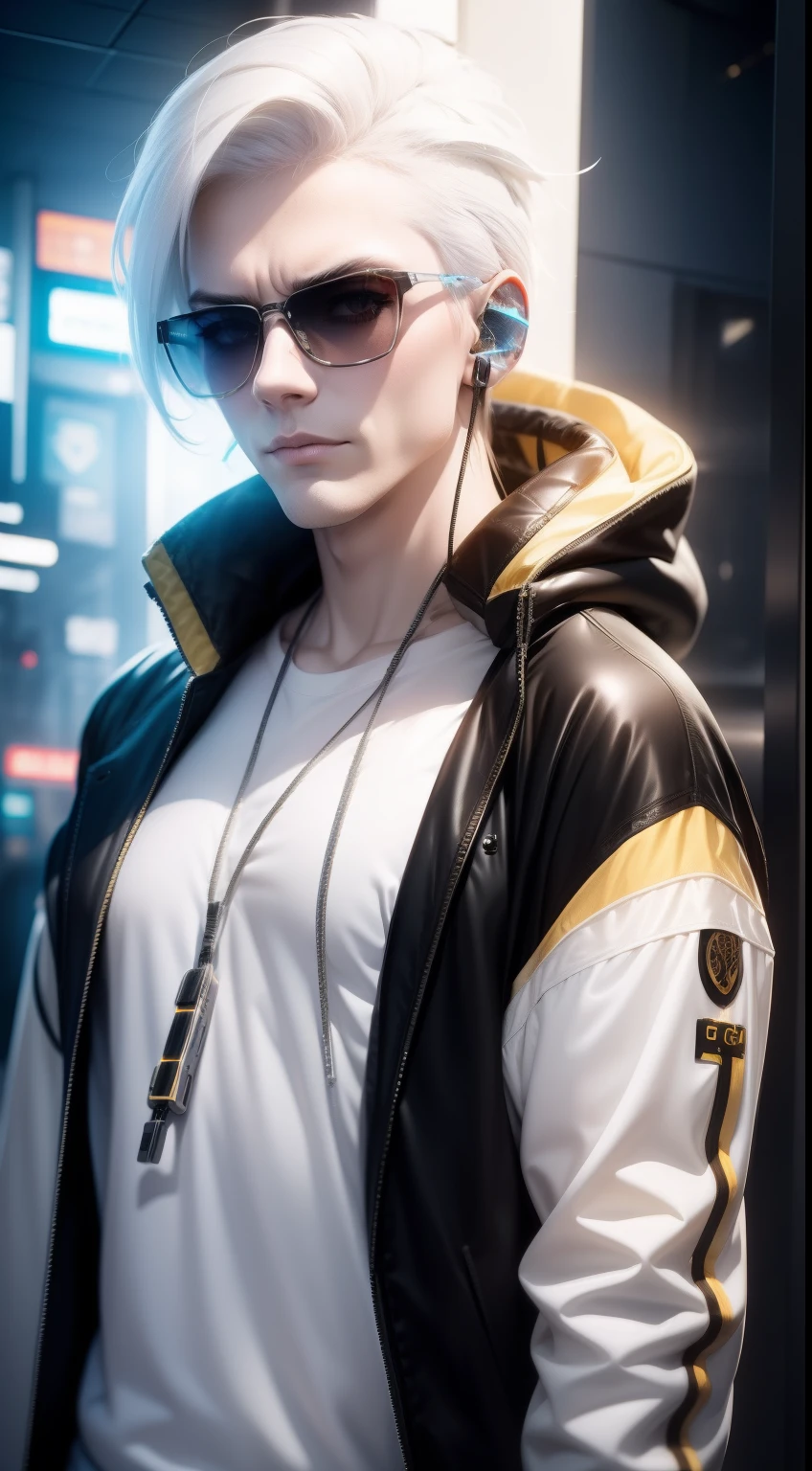 Pale yellow clothes, White skin, White hair,Cyberpunk, Golden eyes, （Wearing sunglasses）（Wearing headphones）Looking up, Upper body