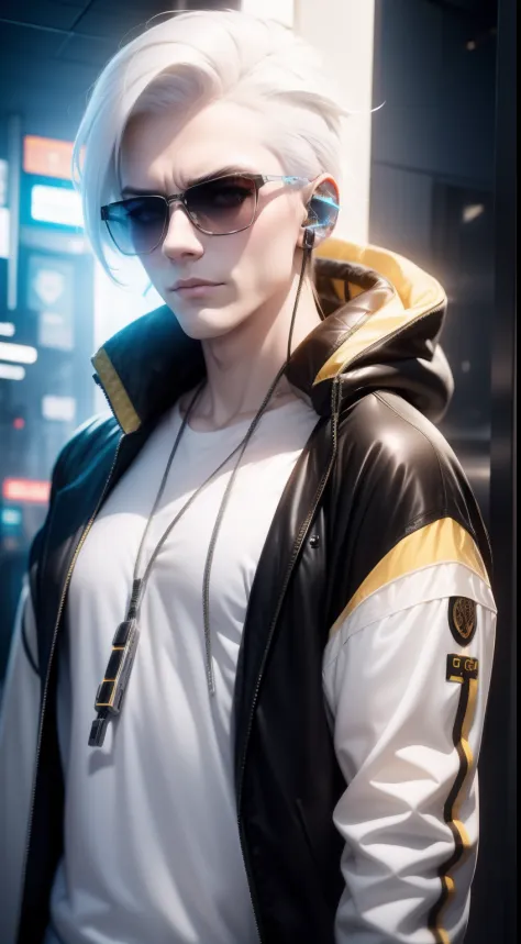 pale yellow clothes, white skin, white hair,cyberpunk, golden eyes, （wearing sunglasses）（wearing headphones）looking up, upper bo...