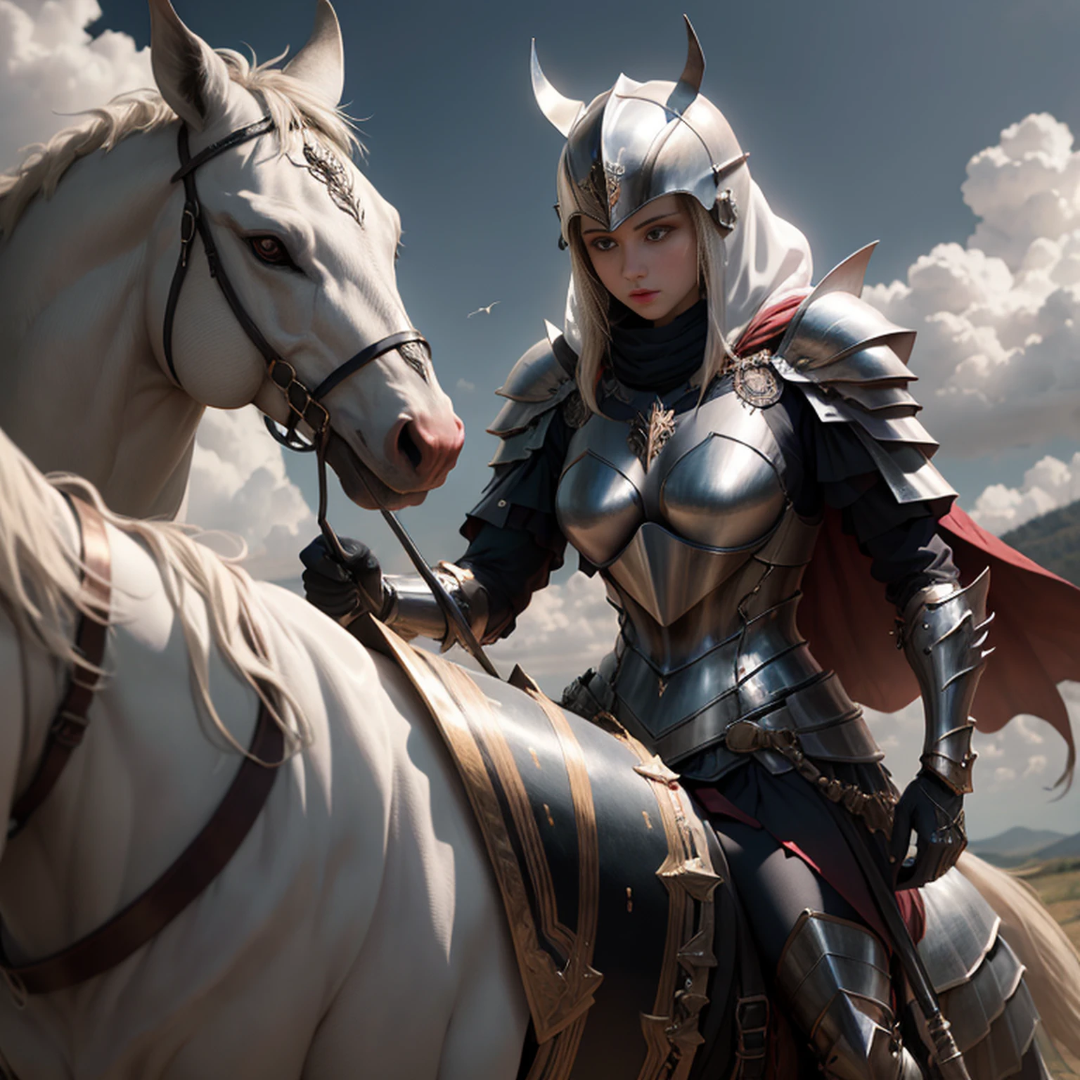 Mulheres como Joana D'Arc、Cavaleiros, Armadura dourada，armadura de ouro，Com uma espada e um escudo，Estilo Real，comiс style, , Espalhamento subsuperficial, detalhe ornamentado, Nature scenery, hyper-realistic, cinemactic, dramatic lighting, masutepiece、Armadura com motivo de lobo、orelhas de lobo、