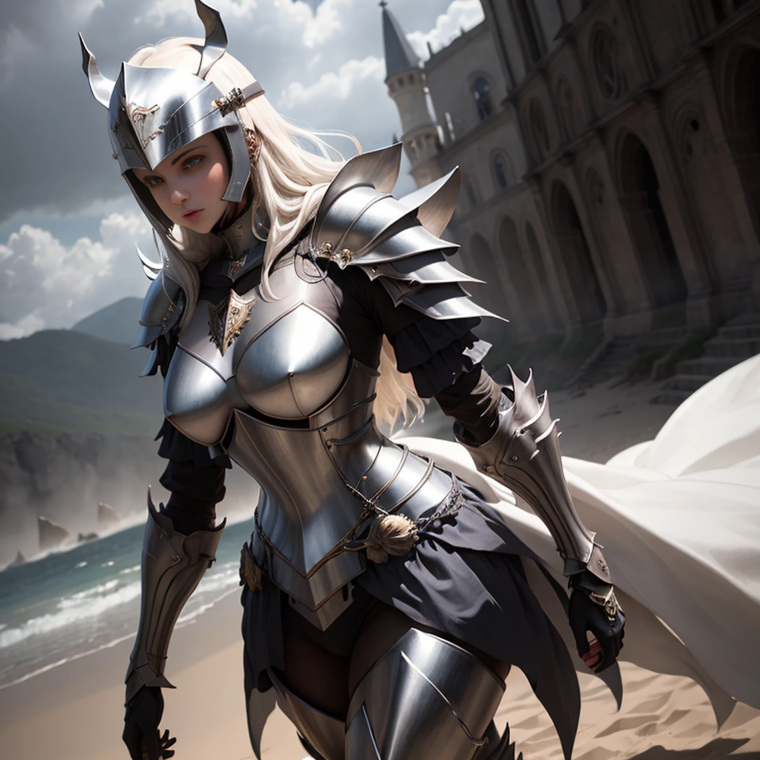 Mulheres como Joana D'Arc、Cavaleiros, Armadura dourada，armadura de ouro，Com uma espada e um escudo，Estilo Real，comiс style, , Espalhamento subsuperficial, detalhe ornamentado, Nature scenery, hyper-realistic, cinemactic, dramatic lighting, masutepiece、Armadura com motivo de lobo、orelhas de lobo、