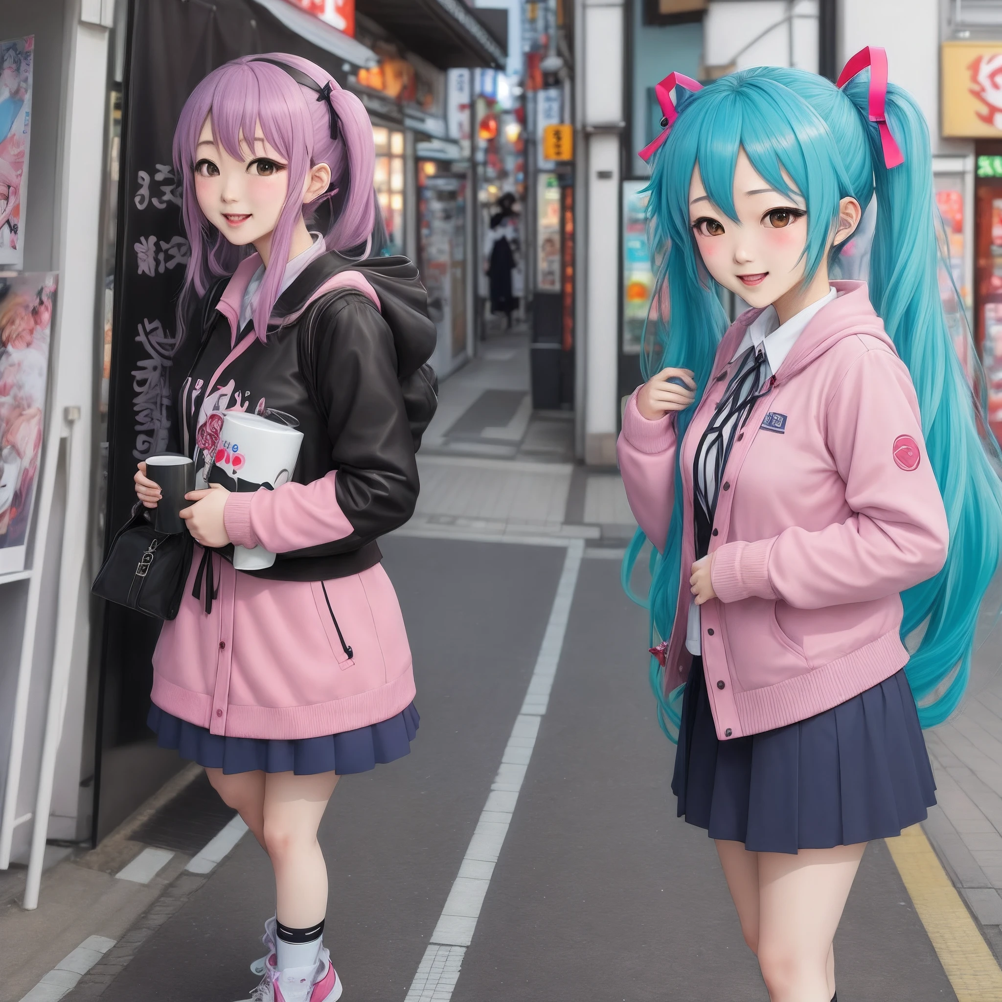 Dos mujeres vestidas de anime paradas en una calle de la ciudad. - SeaArt AI