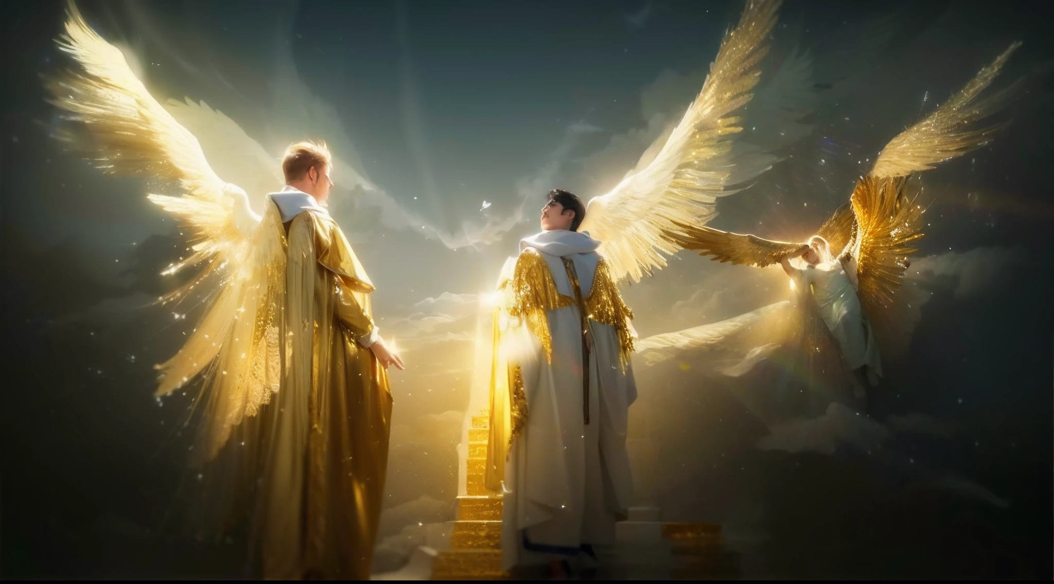 Two angels are standing in the clouds with their wings spread, 2 anjos, Anjos, Ethereal Angelic Being of Light, gold ethereal light, vestes branco-douradas, anjos biblicamente precisos, gold gates of heaven!!!!!!!!, angels in the sky, Angelic Light, angels protecting a praying man, godly and ethereal, Asas de Ouro, cheio de pinturas de anjos, ser angelical brilhante