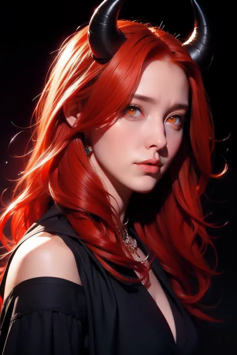 Woman with red hair, orange eyes, black horns, dark mystical background
