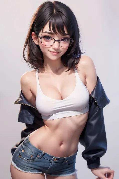 dressed in（Black bra：1.7）big breasts and big breasts（tight denim  shorts：1.8）The girl poses for a photo，（full bodyesbian，full  bodyesbian：1.9）（blacksilk：1.7），With a cropped T-shirt、brassier，Slim body， Bust circumference，Slim girl model
