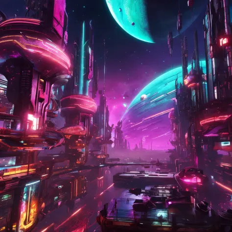 "Immerse yourself in a cyberpunk-inspired environment, A neon-lit world, Be captivated by the surreal sight of a ringed planet dominating the sky, Full of fascinating digital art."
