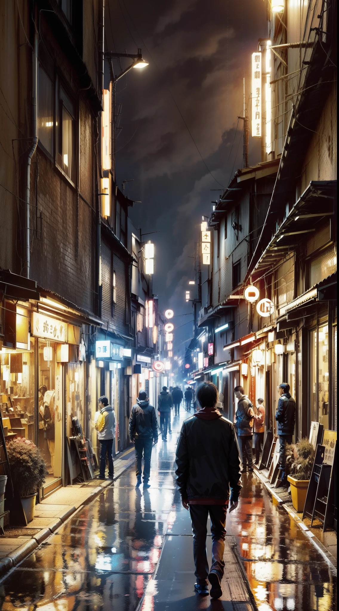 un chico, Una imagen de una bulliciosa calle de la ciudad japonesa por la noche, donde los edificios altos se iluminan con luces de neón, y las farolas brillan en la oscuridad. La gente se apresura por el pavimento mojado.