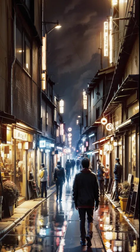a lonely guy, An image of a bustling japan city street at night, where tall buildings are lit up with neon lights, and street lamps shine in the darkness. People hurry along the wet pavement.