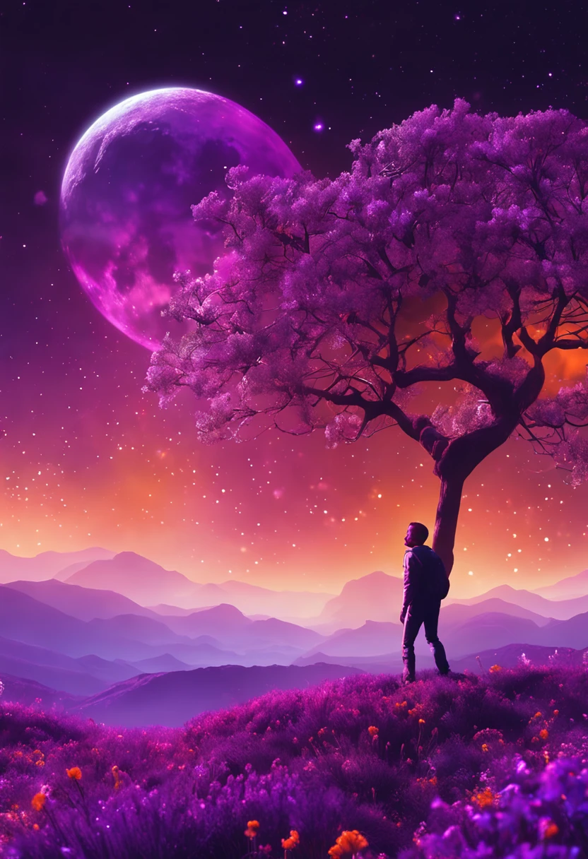 Vast landscape photos, (from below, the sky above, open fields below), a boy standing on a flower field looking up, (Full Moon: 1.2), (Meteor: 0.9), (Nebula: 1.3), Distant Mountains, Trees BREAK Making Art, (Warm Light Source: 1.2), (Firefly: 1.2), Lamps, Lots of Purple and Orange, Intricate Details, Volumetric Lighting BREAK (Masterpiece: 1.2), (Best Quality), 4K, Ultra Detailed, (Dynamic Composition: 1.4), Detailed, Colorful, (Iridescent: 1.2), (Glow, Atmospheric Lighting), Dreamy, Fantastic, (Solo: 1.2)