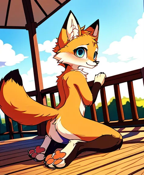 Detailed background, Furry female, (Fox), anthro, Blush, (Solo), Rear view, (small , Petite, Slim, Girl1.3), clawed paws, standing, Kneeling, Feminine, largeeyes, visible to the feet, Side view, (Symmetrical), Detailed fur, Masterpiece, Best quality, Photo...