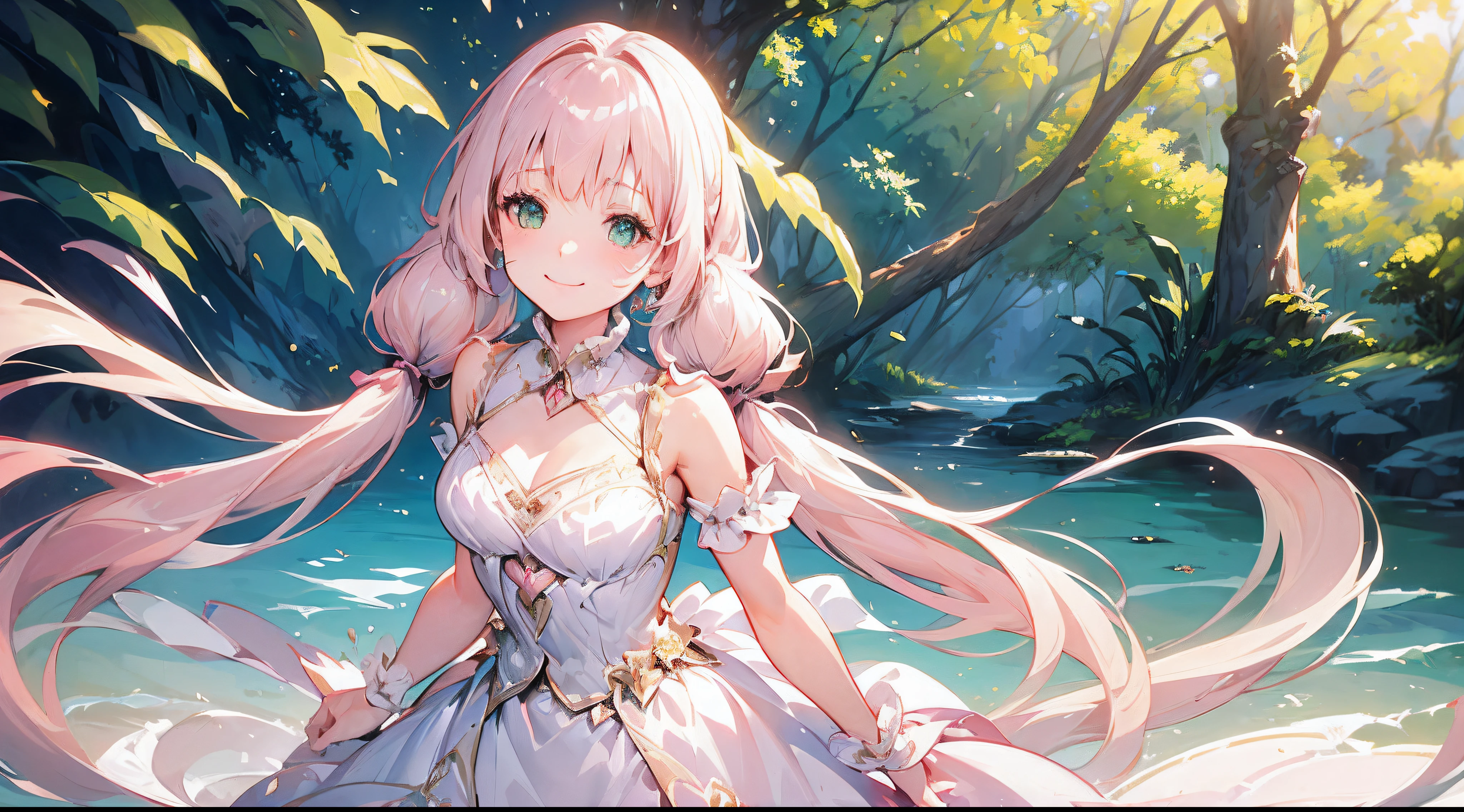 (Best quality),(4k), [highly grand details CG painting]!!,(cheer sticks),(((the Greatest masterpiece,))) (ultra detailed),(((magic girl))),(intricately details),(Natural,adorable face),((((beautiful forest))),(dynamic angles,)(breeze),(dynamic lighting),(blooming,synthetic wave), (reality: 0.7), solo,1 girl,Long eyelashes,twintails,watery eyes,reflected eyes,light pink haired deity,straight hair,floating hair,(formal dress),((elegant and conservative cloth)),seductive smile,arms behind back