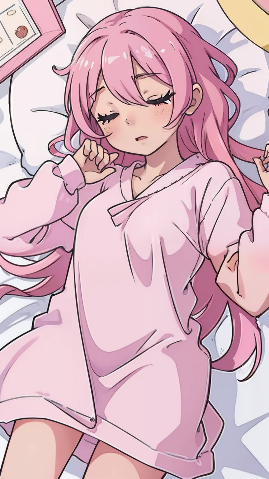 Chica anime acostada en la cama con cabello rosado y vestido rosa. - SeaArt  AI