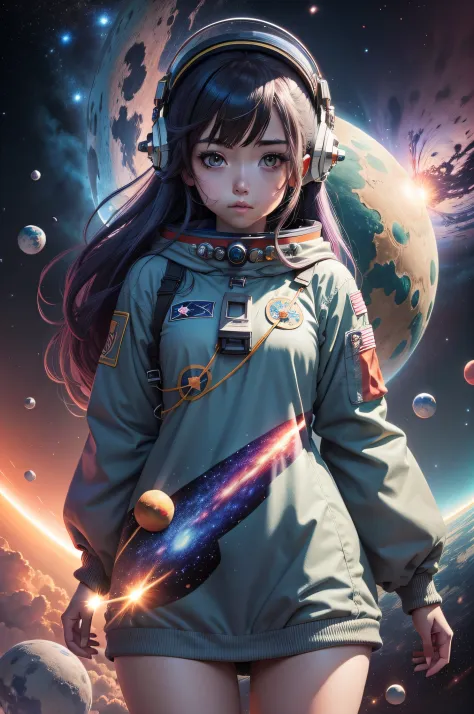 Anime girl in space with planets around, colorido, cores vivas, realista 3D, ultra detalhado, astronauta, Girl, Mulher, garota, capacete de astronauta, galaxy, bonito, perfeito, luzes maravilhosas, 8K