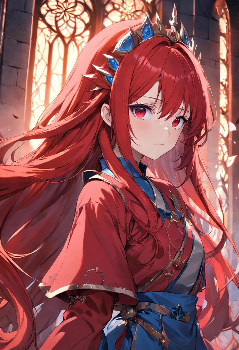 red color eyes，Red long-haired，magia，Castle fantasy，blue clothes, Ultra photo realsisim, Castle，hair adornments