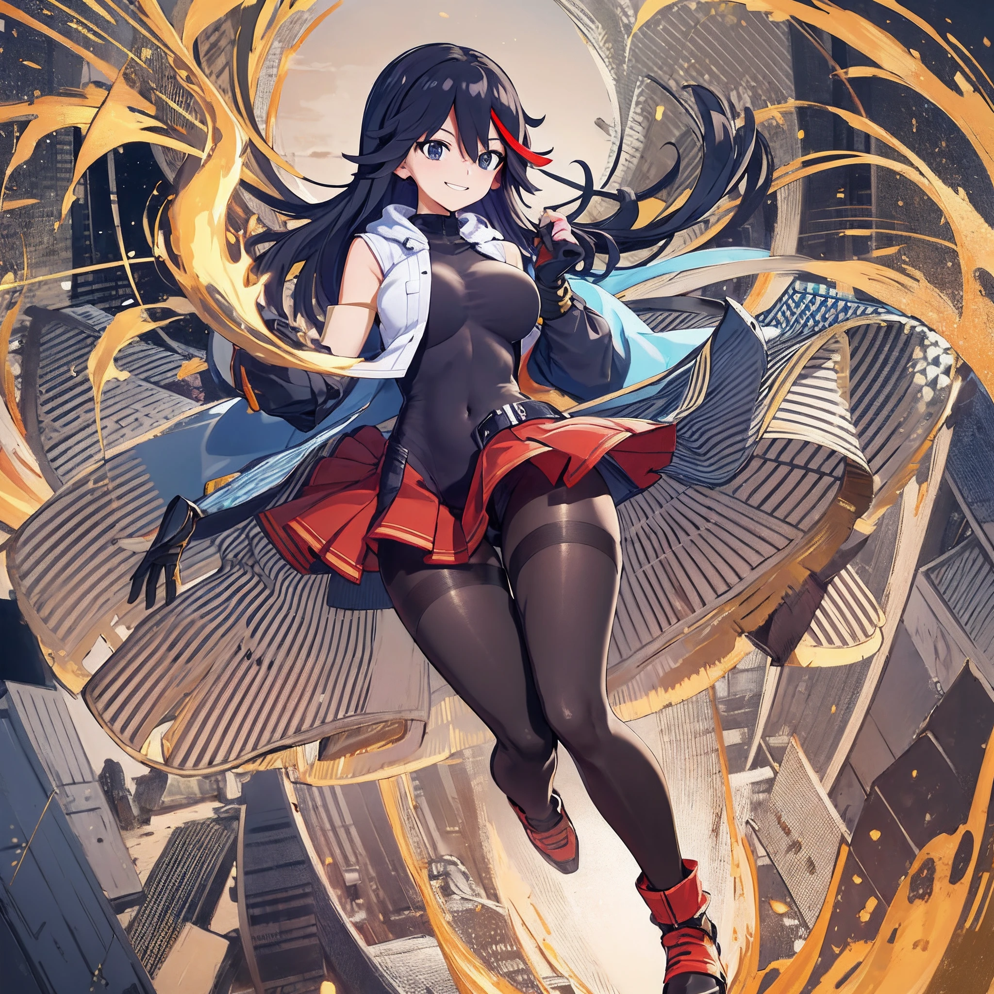 Anime, flying through the sky with black angel wings, golden leotard armor, In Battle, Chaos, shooting laser beams from hands, masterpiece ,pantyhose, boots,magicagirl body suit, large skirt, smile, long skirt,standing,smile forest,matoi ryuuko, pants, vest, pullover, coat, full body