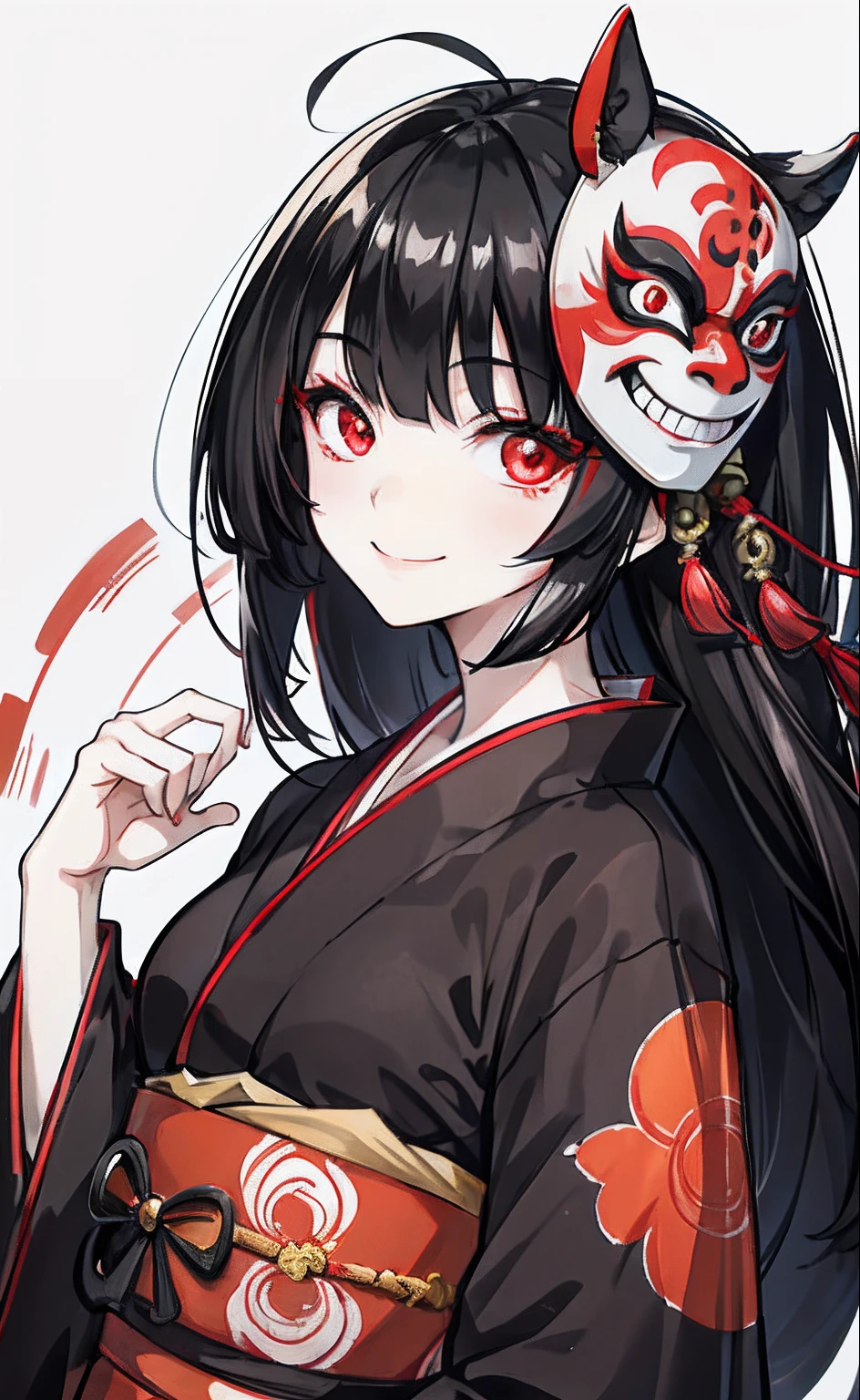 Black hair, red eyes, kizi, female, yukata, smiling, half mask