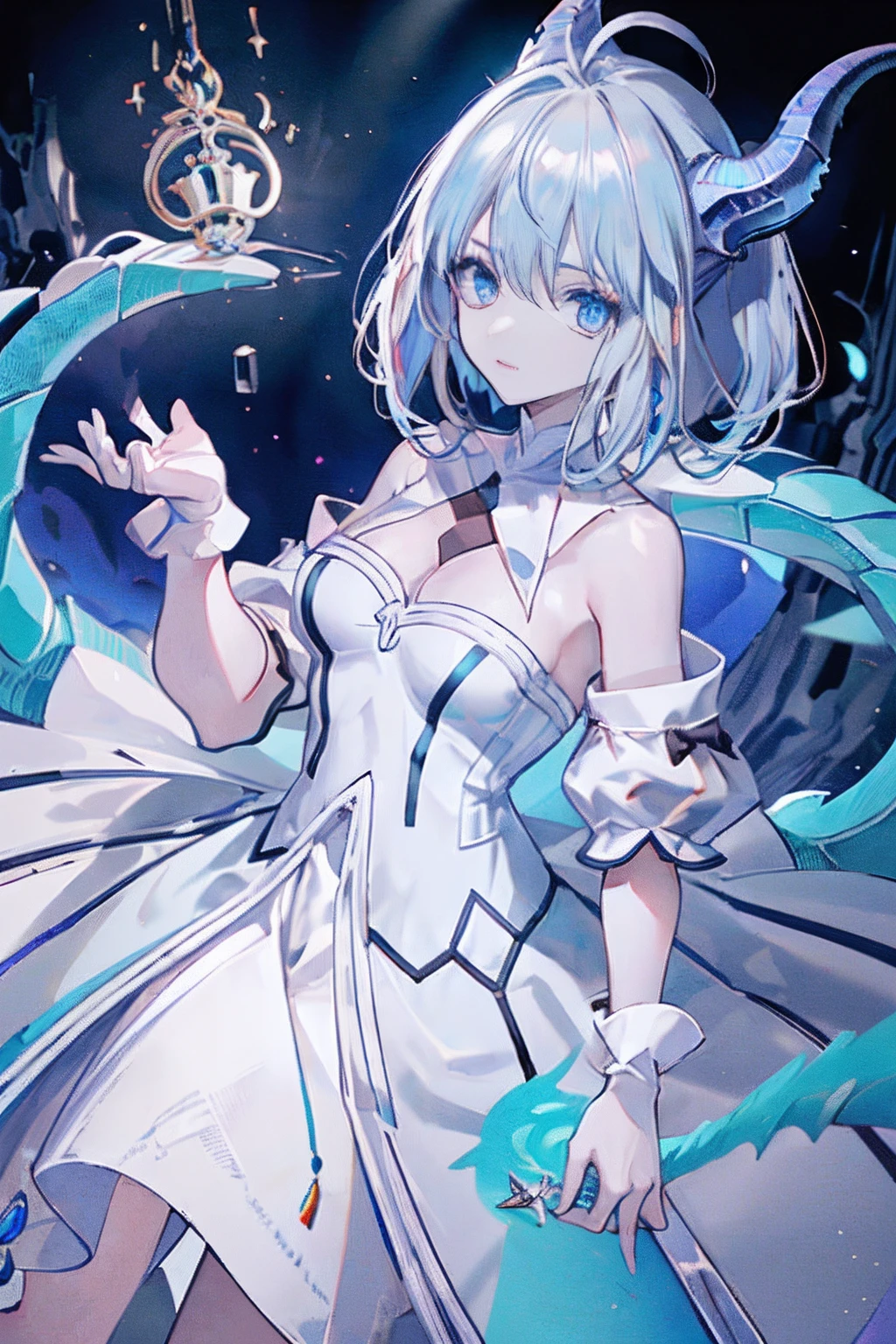 Anime girl with blue hair and white dress holding a sword - SeaArt AI