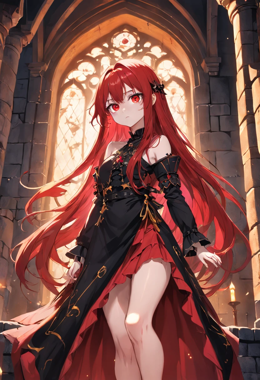 red color eyes，Red long-haired，Western fantasy，magia，Castle fantasy，Black and yellow clothes，beautifullegs，Ultra photo realsisim, Castle，hair adornments