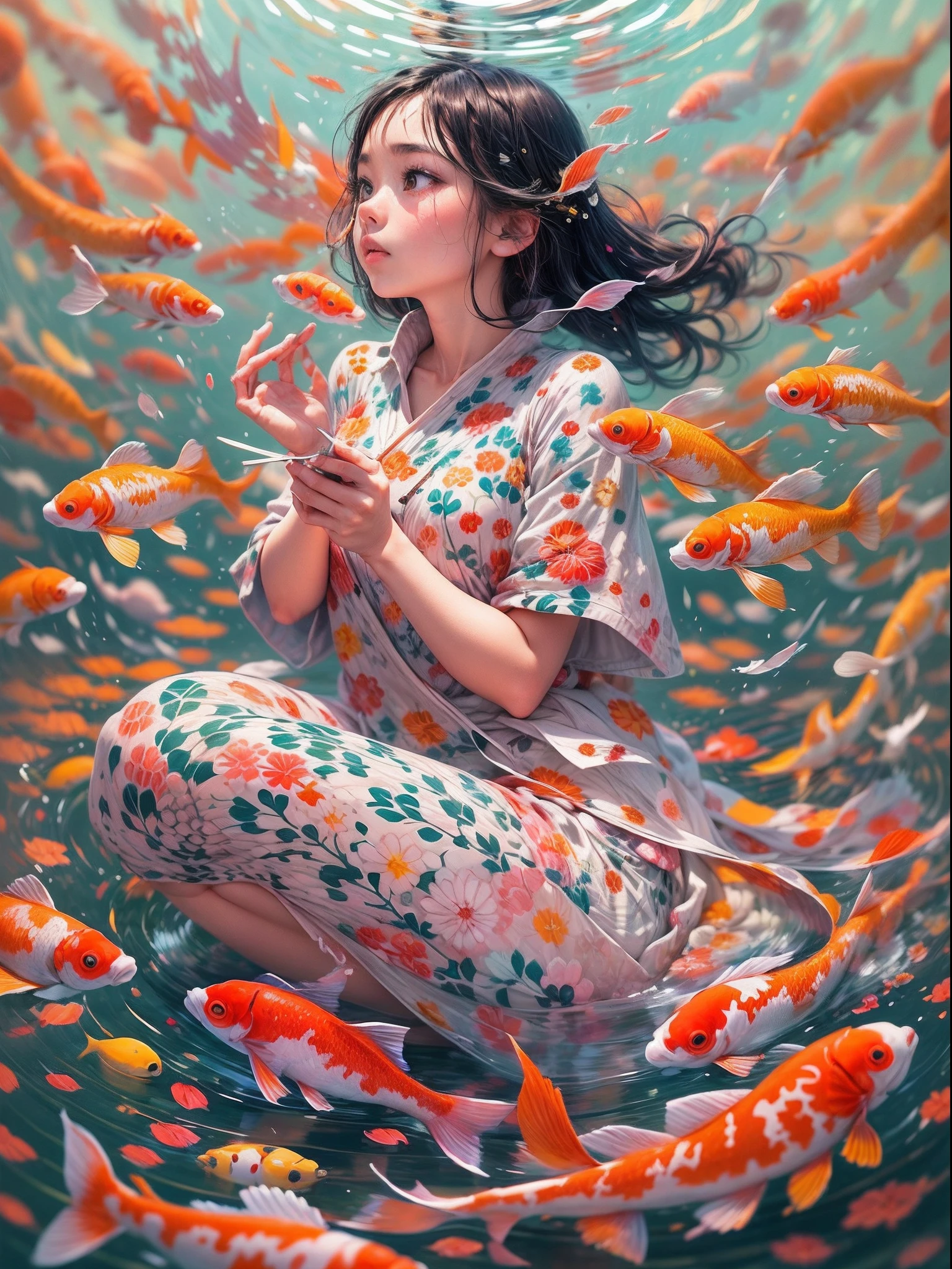 걸작, 컨셉 아트, 평온함과 상상력이 어우러지는 장면을 그려보세요.. 매혹적인 소설에 푹 빠진 어린 소녀, 조화로운 하늘 배경과 함께. 잉어 물고기가 그녀 주위에서 우아하게 춤을 춥니다., 고요한 하늘을 배경으로 터지는 생생한 색상. 이 절묘한 예술 작품은 현대 예술가 쿠사마 야요이(Yayoi Kusama)에게 바치는 헌사입니다., 복잡한 패턴과 매혹적인 색상과 빛의 플레이가 특징.
