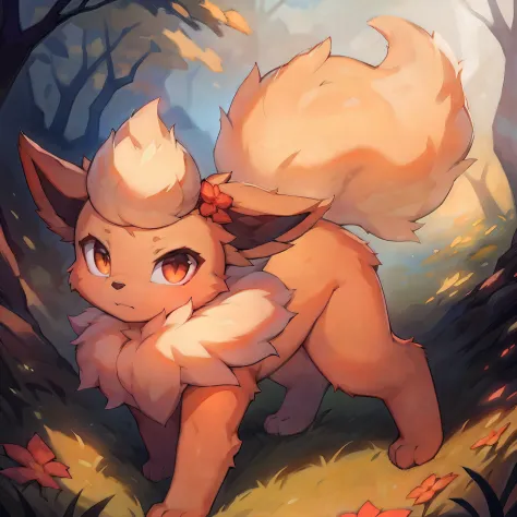 flower_field, flower_ocean, summer, day, sunlight
((flareon)), [[orange_body, white_tuft, light_yellow_fluffy_tail, neck_tuft]], non-humans, no-hair
(((quadruped, feral, canid, canine))), hind_limbs, (animal_legs, animal_hand:1.2)
solo, looking_at_viewer
W...