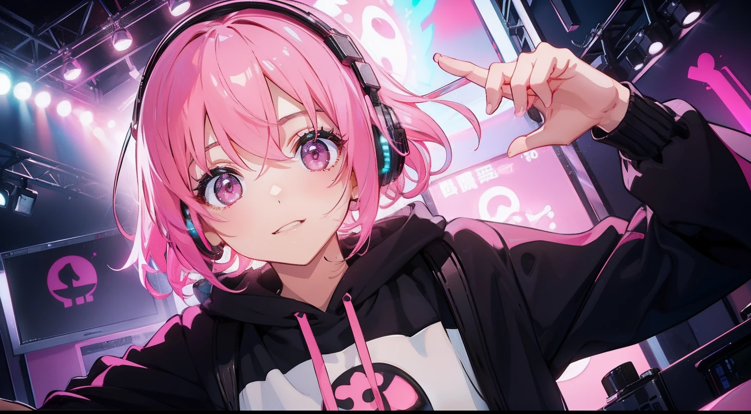 ​masterpiece、top-quality、Movie stills、1girl in、pink shorth hair、Pink eyes、headphones、Black hoodie、with light glowing、Happiness、Warm and soft lighting、stage、(Spark:0.7)