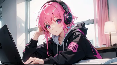 ​masterpiece、top-quality、Movie stills、1girl in、pink shorth hair、Pink eyes、headphones、Black hoodie、with light glowing、Happiness、W...