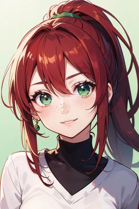anime girl cute portrait on head high ponytail red beard hair long lush ponytail smiling head tilted to the right looks straight anime girl cute freckles girl slightly tilted to the side green eyes dressed in sweatshirt