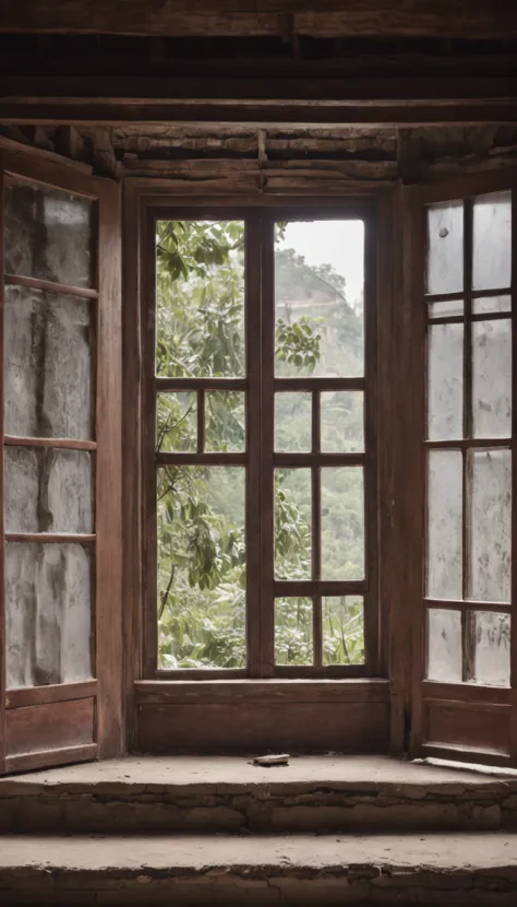 Open windows to the house，Inside an old Chinese house，The house is empty，In-room view，Big windows，The windows are brown，Dilapidated lime walls，Head-up windows