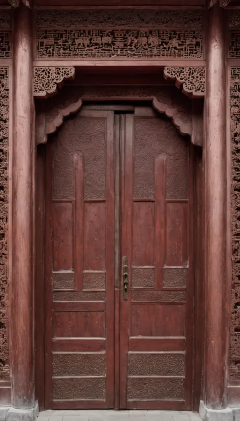 Open doors，Open doors，A big door，Indoor view，Ancient Chinese palaces，In an ancient Chinese palace，The palace is empty，Indoor view，Very high，The gate is huge，The door is brown，Head-up window，Magnificent palace，The door is six meters high