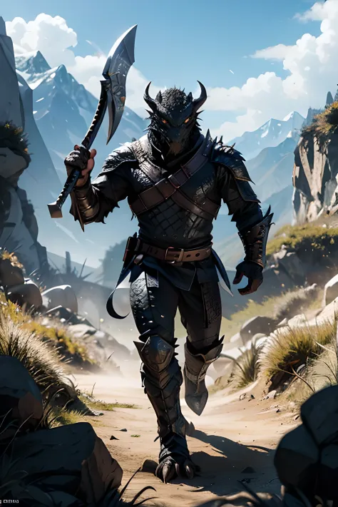 [black] dragonborn, in a valley, no armor, battle axe in hand