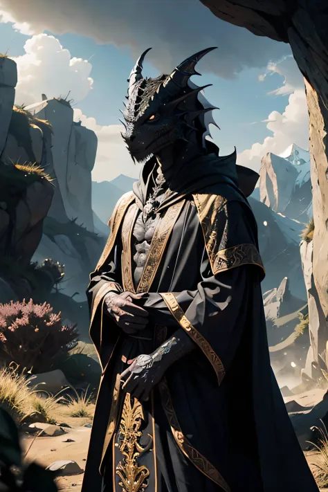 [black] dragonborn, in a valley, in robes