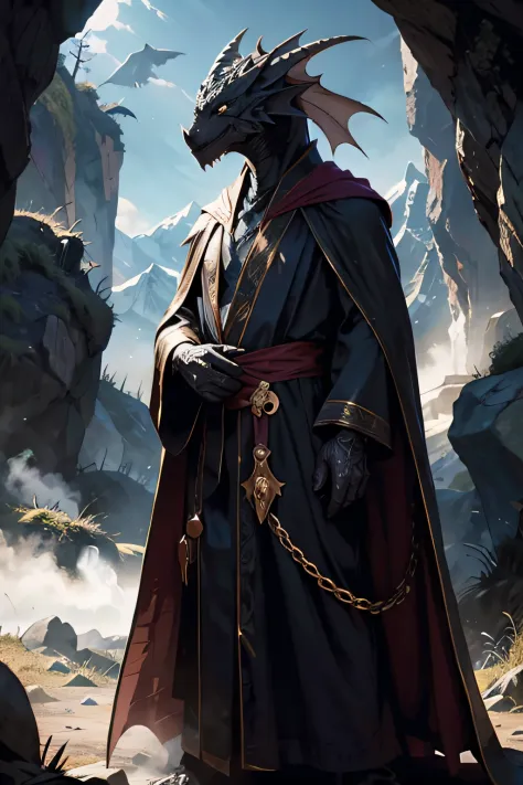 [black] dragonborn, in a valley, in robes