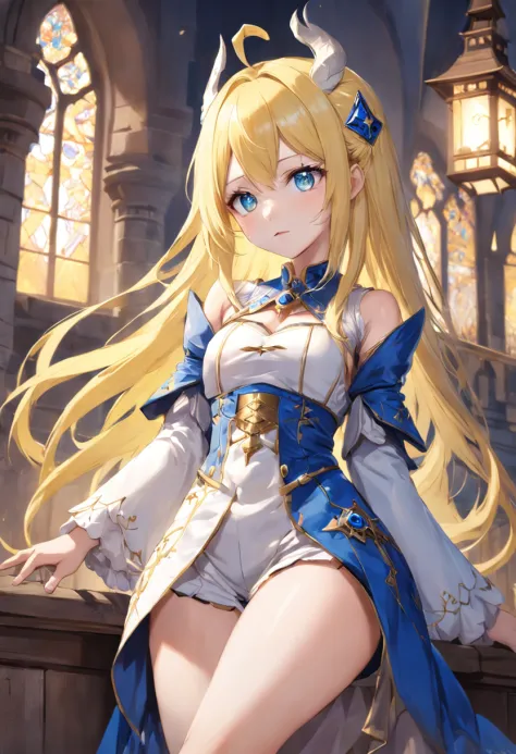 Light yellow hair，Blue eyes，Western fantasy，magia，Castle fantasy，Blue and white clothes，Good-looking legs，Ultra photo realsisim, Castle，hair adornments