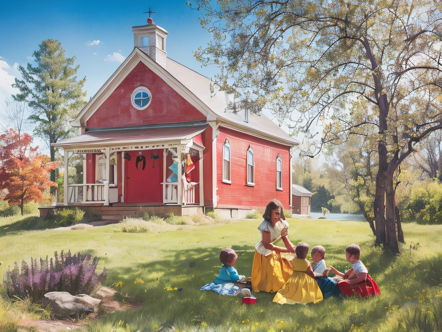 painting of a family sitting in front of a red house, church painting, american scene painting, by Harold Sandys Williamson, by Don Reichert, inspired by Anna Mary Robertson Moses, darrell k sweet, inspired by Norman Rockwell, ( norman rockwell oil painting ), inspired by Grandma Moses, inspired by Edward Hicks, teacher, school class, painting of, norman rockwell painting