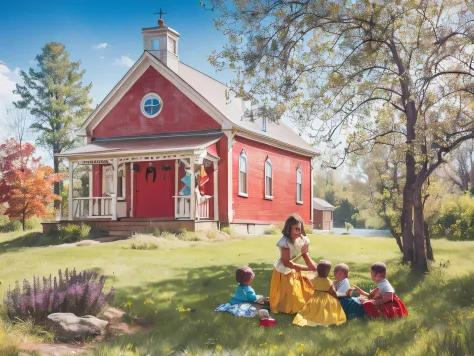 painting of a family sitting in front of a red house, church painting, american scene painting, by Harold Sandys Williamson, by ...