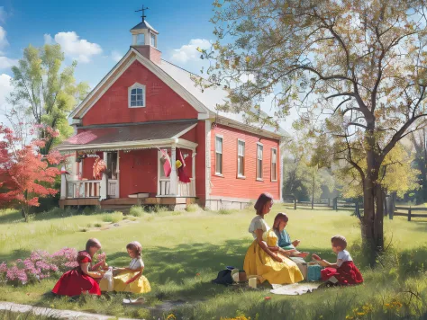 painting of a family sitting in front of a red house, church painting, american scene painting, by Harold Sandys Williamson, by ...