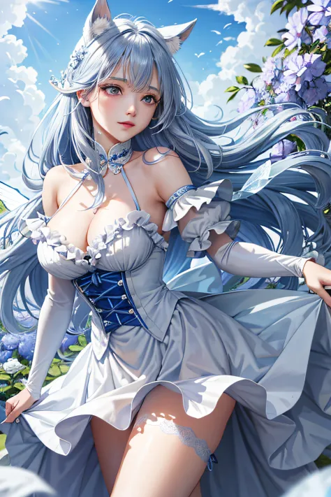 (Face focus)、(1womanl、独奏、Crystal clear white skin、Beautiful fece)、(blue hairs、Gray hair at the ends of the hair、Blue eyes、Elegant smile)、Horse Ears、Morning glory fairy、Blue ruffled skirt and dress、Fairy wings、Morning glory blooms、White underwear、Miniskirt、...