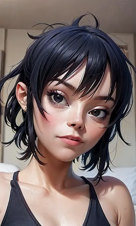 (masterpiece, best quality:1.2), noodle (gorillaz), black hair, 1girl, streaked hair, black eyes, multicolored hair, bangs, parted lips, breasts, small breasts, bob cut, masterpiece, ,(solo:1.1), perfect face, (bright lighting:1.2),beautiful detailed eyes,...